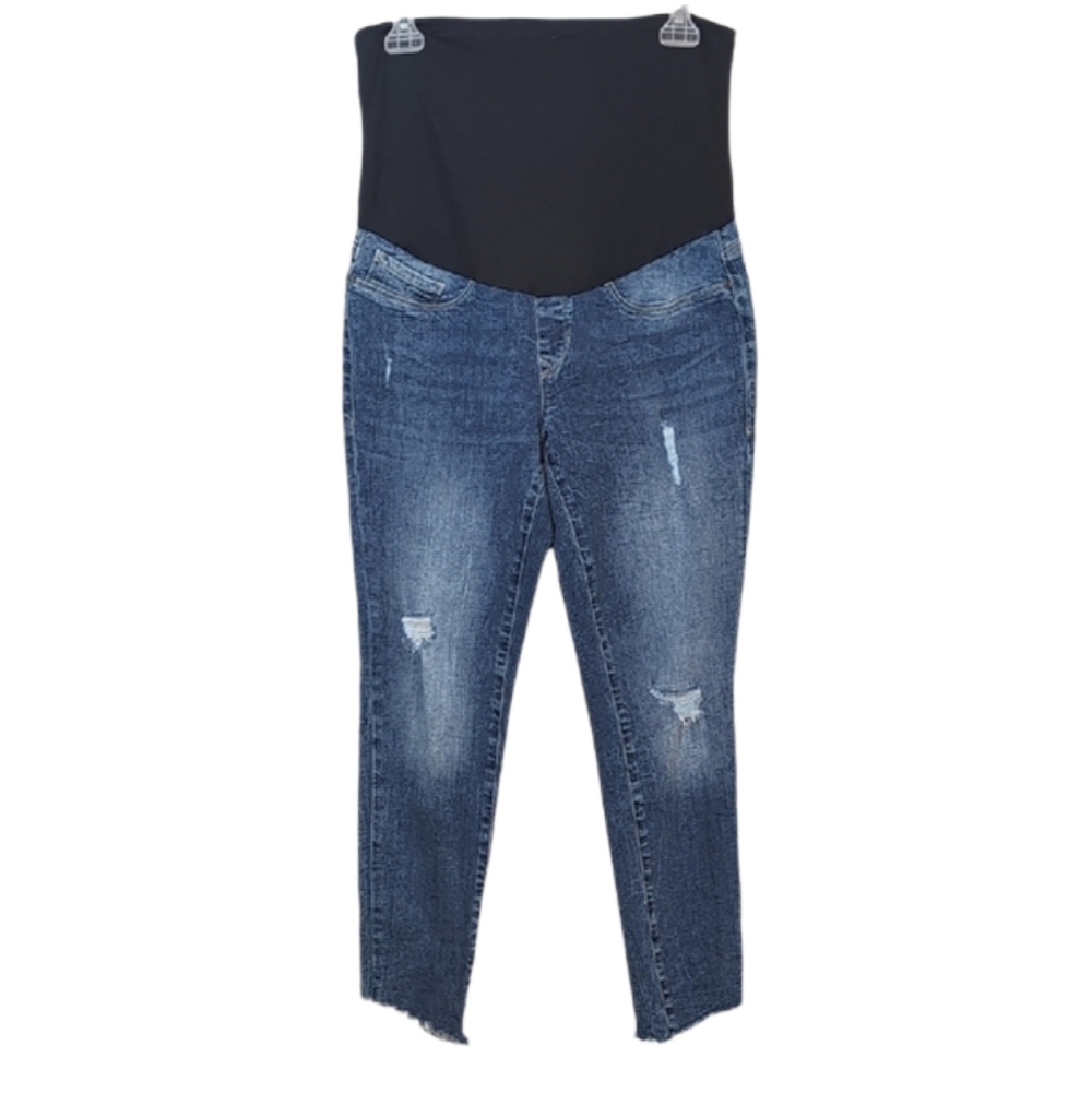 Mavi Maternity Distressed Skinny Jeans Raw Hem Full Belly Band Size 28 x 27 Blue